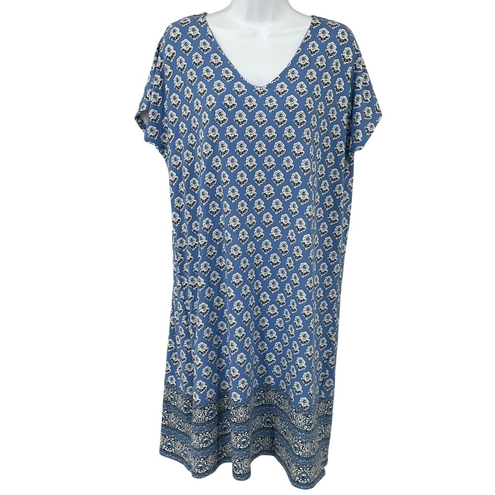 J. Jill Dress Women M Tall Blue Floral Medallion V-Neck Boho